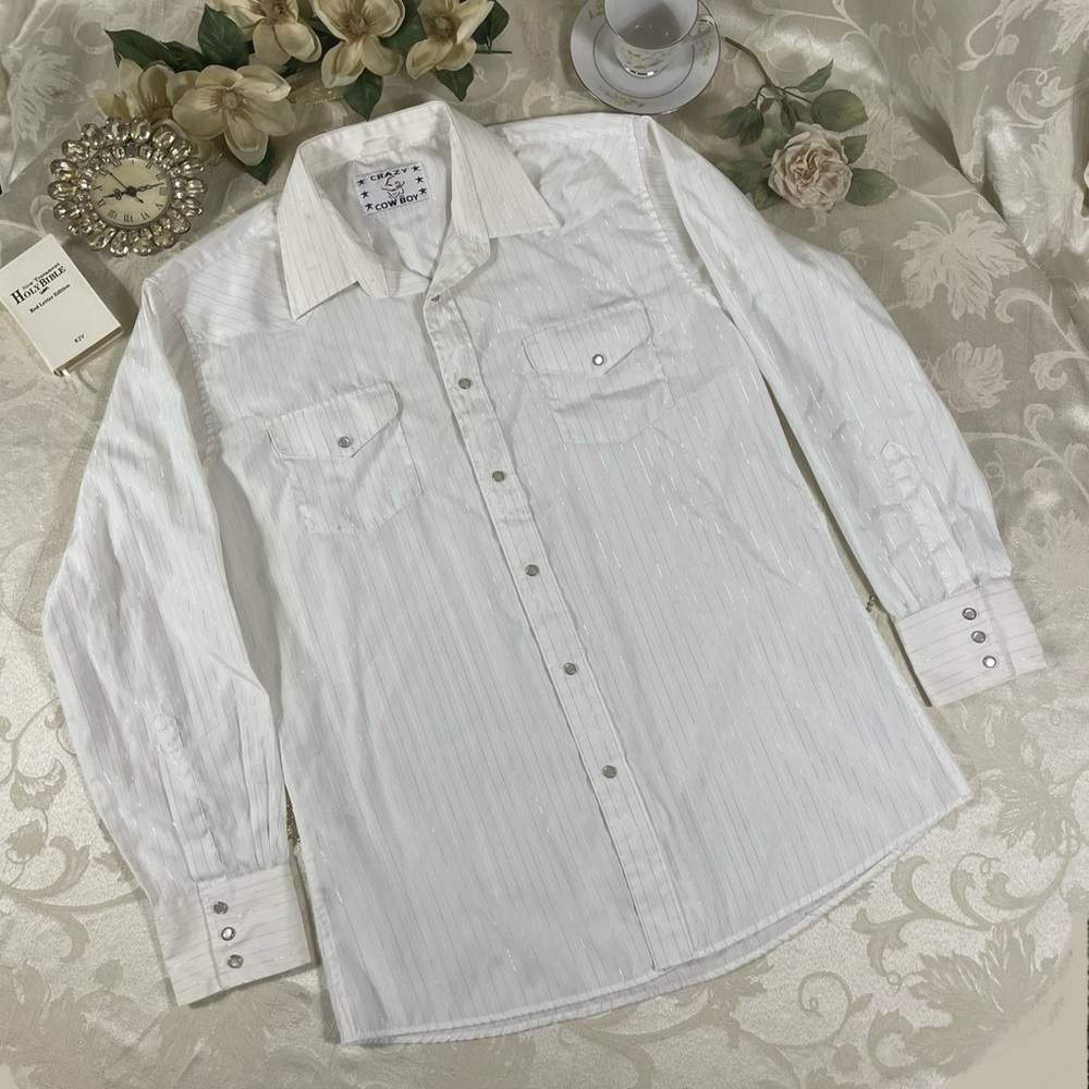 Men’s White Silver Striped Crazy Cowboy Button - Up Collar Shirt Size L - XL